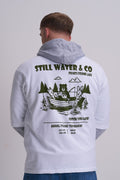 Male wearing a hoodie and a t-shirt with 'Still Water & Co' fishing boat graphic on the back