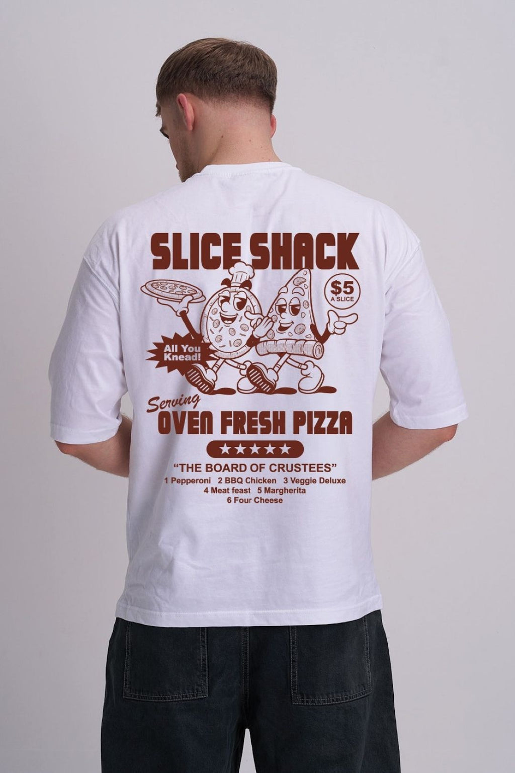 Person wearing a white t-shirt with 'Slice Shack' pizza-themed design on the back.