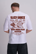 Person wearing a white t-shirt with 'Slice Shack' pizza-themed design on the back.