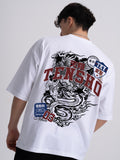 Male wearing a white t-shirt with a Japanese dragon design and Tensho text on the back